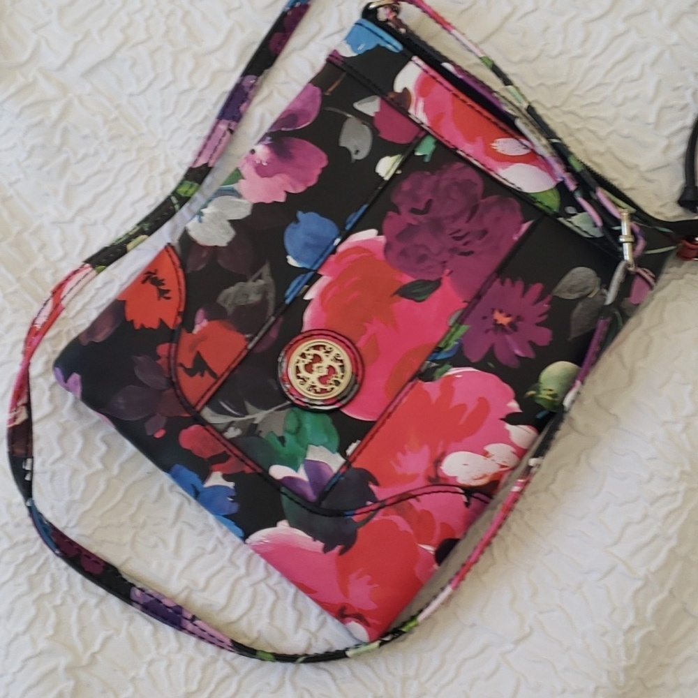 Black and Pink Multicolor Floral Crossbody Bag with Bold Design